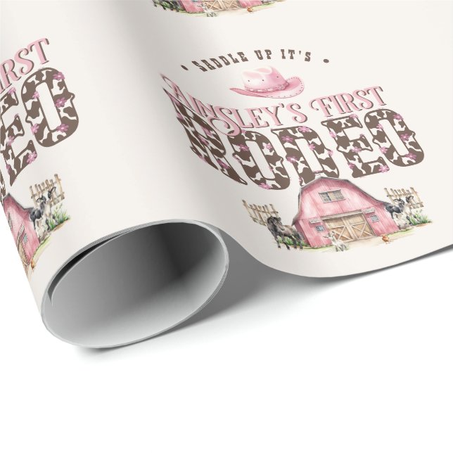 First Rodeo Cute Pink Personalized 1st Birthday Wrapping Paper (Roll Corner)