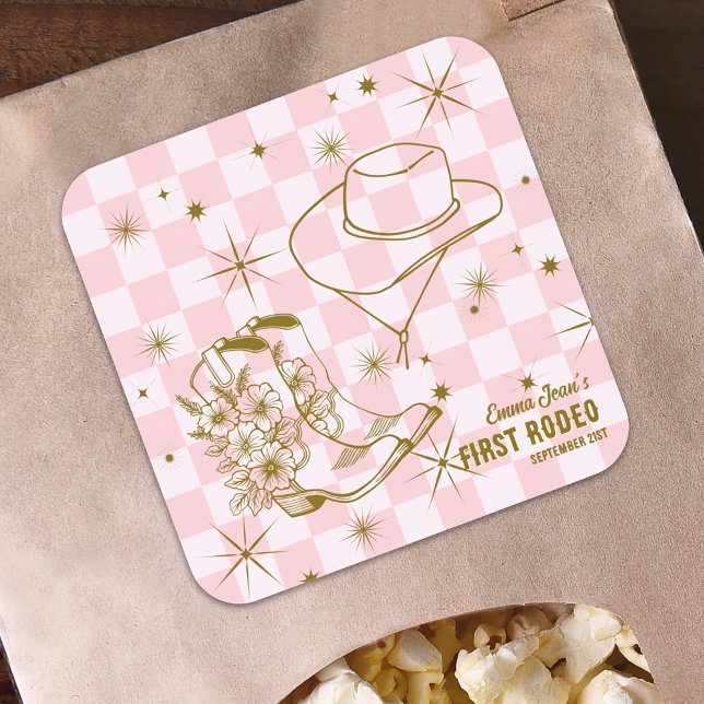 First Rodeo Pink Brown Cowgirl Boots Hat Birthday Square Sticker (First Rodeo Pink Brown Cowgirl Boots Hat Birthday Square Sticker)