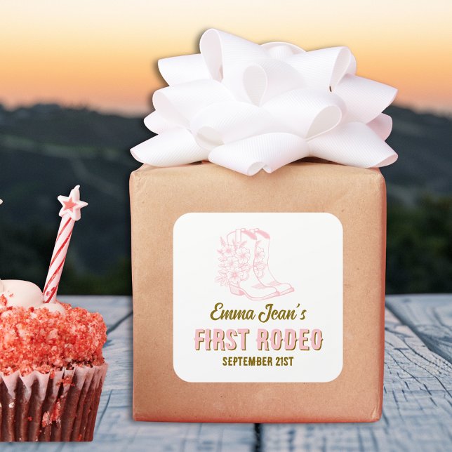 First Rodeo Pink Cowgirl Boots 1st Birthday Square Sticker (First Rodeo Pink Cowgirl Boots 1st Birthday Square Sticker)