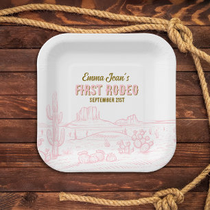 First Rodeo Pink Desert Cowgirl 1st Birthday Party Paper Plate