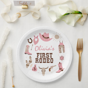 First Rodeo Pink Western Cowboy 1st Birthday Paper Plate
