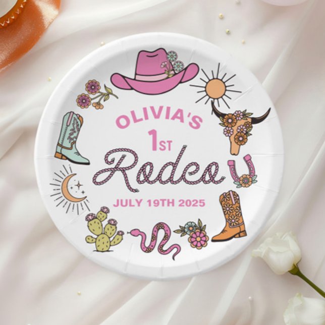 First Rodeo Pink Western Cowboy 1st Birthday Paper Plate (Creator Uploaded)