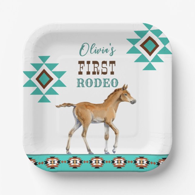 First rodeo southwestern turquoise country horse paper plate (Front)