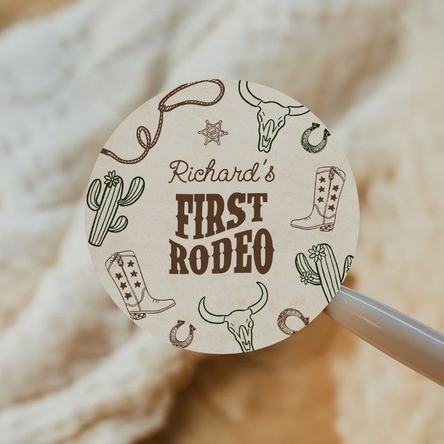 First Rodeo Western Boy 1st Birthday Classic Round Sticker (Creator Uploaded)