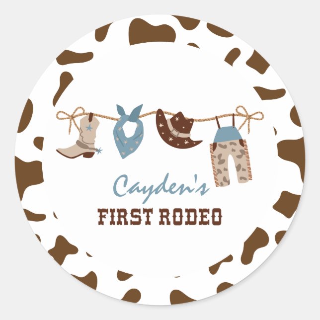 First Rodeo Western Cowboy 1st Birthday Classic Round Sticker (Front)