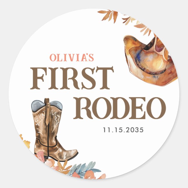 First Rodeo Western Girl 1st Birthday Classic Round Sticker (Front)