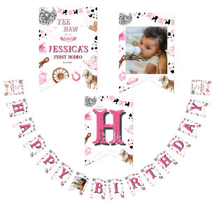 First Rodeo Western Girl 1st Happy Birthday  Bunting Flags