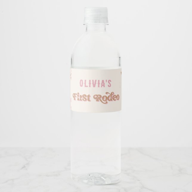 First Rodeo Western Pink Cowgirl Birthday  Water Bottle Label (Front)