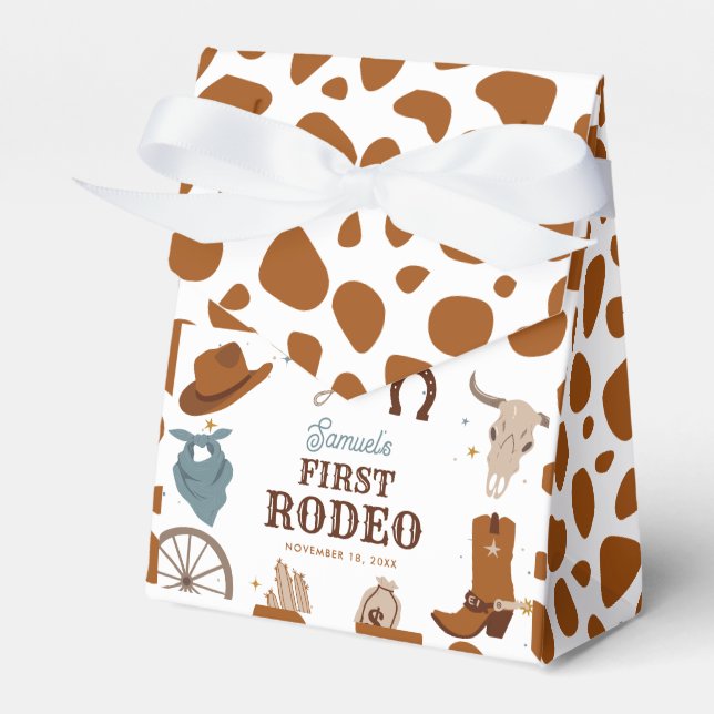 First Rodeo Wild West Boy First Birthday Brown Favor Box (Front Side)
