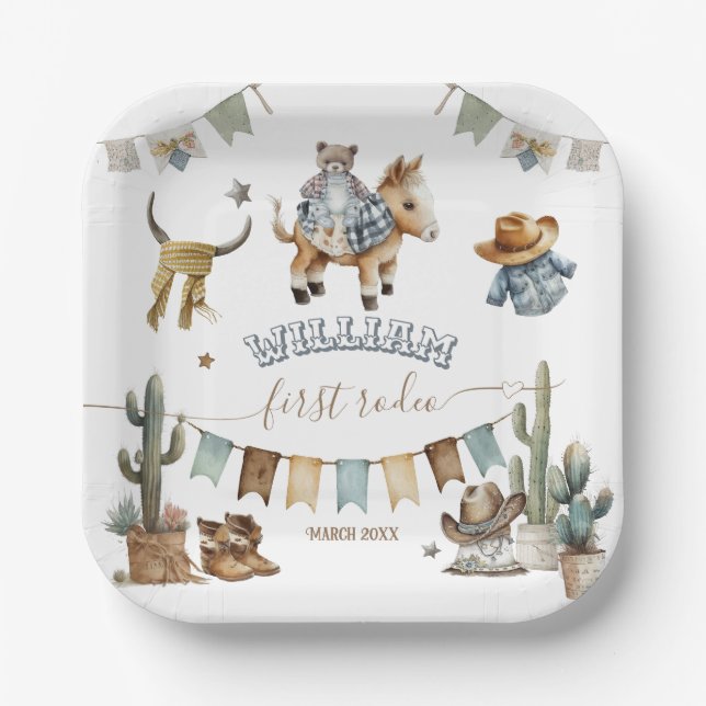 First rodeo Wild West Welcome Boy 1st Birthday Paper Plate (Front)