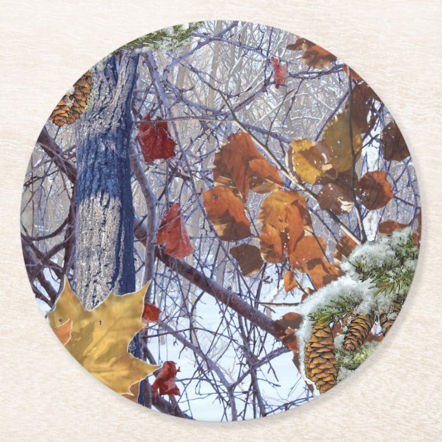 First Snow Winter Forest Camo Print Round Paper Coaster (Front)
