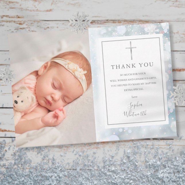 First Snowflakes Baptism Christening Photo Thank You Card (Creator Uploaded)