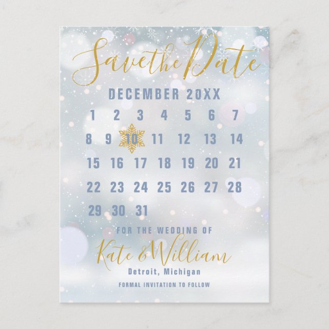 First Snowflakes Calendar Save the Date Announcement Postcard (Front)