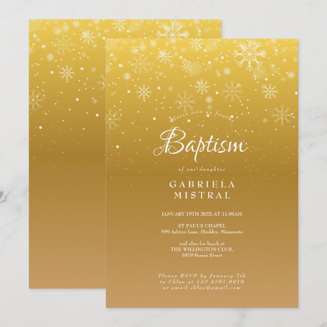 First Snowflakes Gold Baptism Christening Invitation (Front/Back)