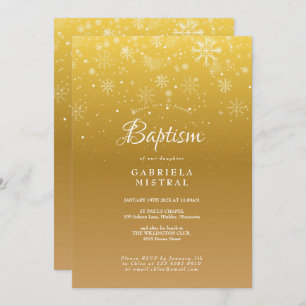 First Snowflakes Gold Baptism Christening Invitation