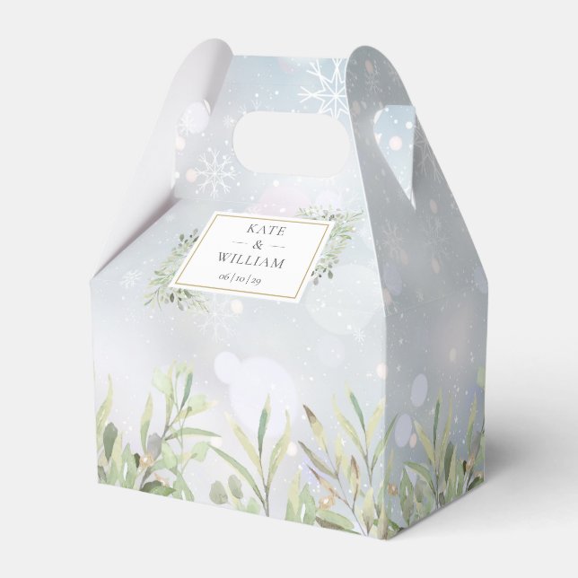 First Snowflakes Greenery Winter Wedding Favor Box (Front Side)