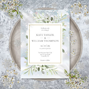 First Snowflakes Greenery Winter Wedding  Invitation