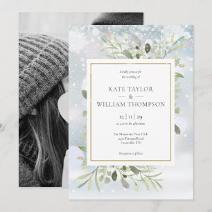 First Snowflakes Greenery Winter Wedding Photo Invitation