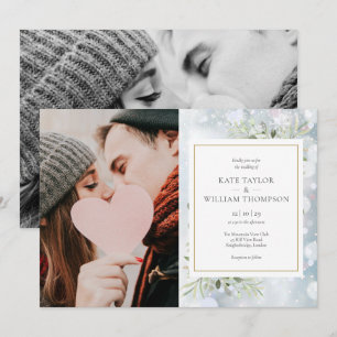 First Snowflakes Photos Greenery Winter Wedding Invitation