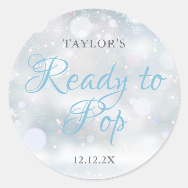 First Snowflakes Ready to Pop baby shower Classic Round Sticker (Front)