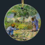 First Steps (after Millet) by Vincent van Gogh Ceramic Ornament<br><div class="desc">First Steps (after Millet) by Vincent van Gogh is a vintage fine art post impressionism daily life portrait painting featuring a daily life scene with a peasant farmer and his wife (mom and dad) with their child taking his or her first steps. The family is working in the vegetable garden...</div>
