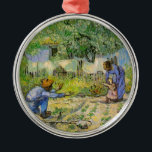 First Steps (after Millet) by Vincent van Gogh Metal Ornament<br><div class="desc">First Steps (after Millet) by Vincent van Gogh is a vintage fine art post impressionism daily life portrait painting featuring a daily life scene with a peasant farmer and his wife (mom and dad) with their child taking his or her first steps. The family is working in the vegetable garden...</div>