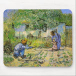 First Steps (after Millet) by Vincent van Gogh Mouse Pad<br><div class="desc">First Steps (after Millet) by Vincent van Gogh is a vintage fine art post impressionism daily life portrait painting featuring a daily life scene with a peasant farmer and his wife (mom and dad) with their child taking his or her first steps. The family is working in the vegetable garden...</div>