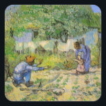 First Steps (after Millet) by Vincent van Gogh Square Sticker<br><div class="desc">First Steps (after Millet) by Vincent van Gogh is a vintage fine art post impressionism daily life portrait painting featuring a daily life scene with a peasant farmer and his wife (mom and dad) with their child taking his or her first steps. The family is working in the vegetable garden...</div>
