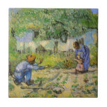 First Steps (after Millet) by Vincent van Gogh Tile<br><div class="desc">First Steps (after Millet) by Vincent van Gogh is a vintage fine art post impressionism daily life portrait painting featuring a daily life scene with a peasant farmer and his wife (mom and dad) with their child taking his or her first steps. The family is working in the vegetable garden...</div>