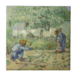 First Steps after Millet by Vincent Van Gogh Tile<br><div class="desc">First Steps (after Millet) by Vincent Van Gogh, oil on canvas 1890, is a painting of a farmer and his wife teaching their young toddler child how to walk in the garden behind their humble farm house. Van Gogh copied the composition from a work by the French Barbizon realist painter...</div>