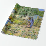 First Steps (after Millet) by Vincent van Gogh Wrapping Paper<br><div class="desc">First Steps (after Millet) by Vincent van Gogh is a vintage fine art post impressionism daily life portrait painting featuring a daily life scene with a peasant farmer and his wife (mom and dad) with their child taking his or her first steps. The family is working in the vegetable garden...</div>