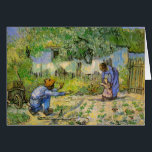 First Steps (after Millet) - Vincent van Gogh Card<br><div class="desc">First Steps (after Millet) by Vincent van Gogh is a vintage fine art post impressionism daily life portrait painting featuring a daily life scene with a peasant farmer and his wife (mom and dad) with their child taking his or her first steps. The family is working in the vegetable garden...</div>