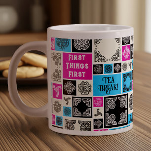 First Things First Tea Break! Funny Magenta & Blue Large Coffee Mug