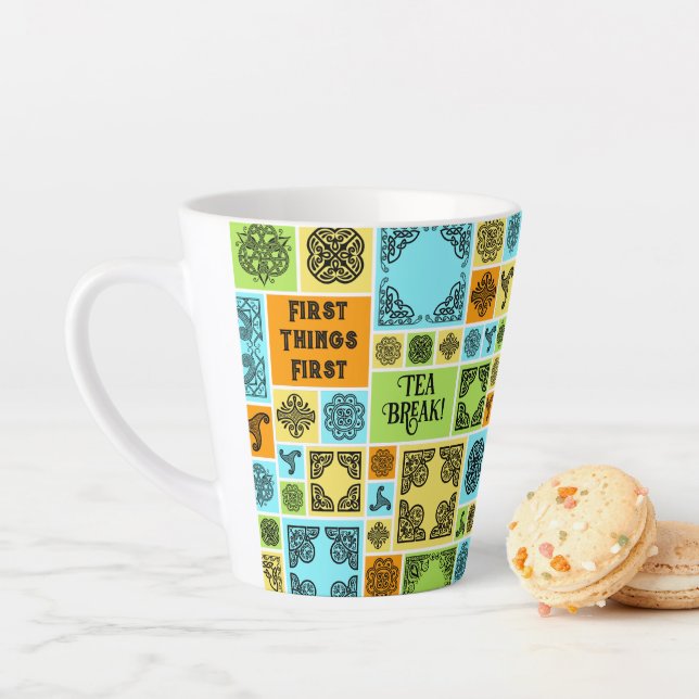 First Things First Tea Break! Funny Orange & Green Latte Mug (In Situ)