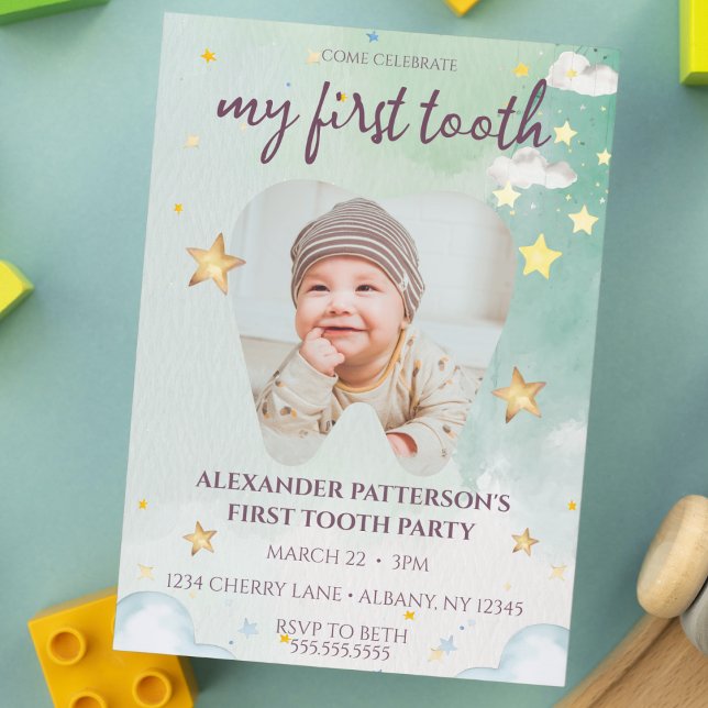 First Tooth Party Cute Watercolor Stars Baby Photo Invitation (my first tooth party invitation cute green watercolor stars and clouds baby toddler 1st teeth invite)