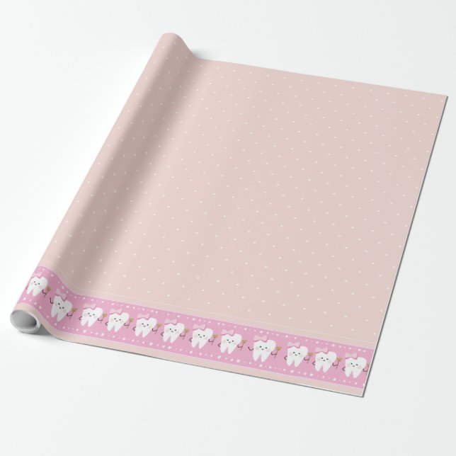 First Tooth pink party tablecloth, wrapping paper (Unrolled)