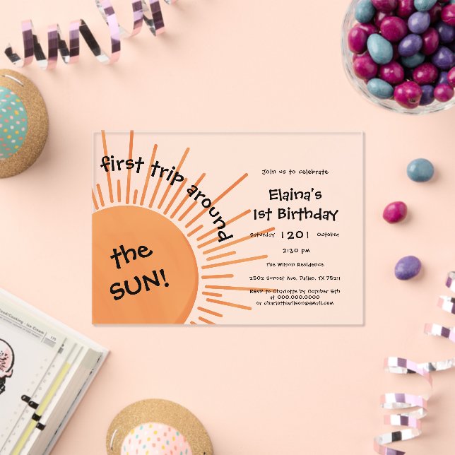 First Trip Around The Sun 1st Birthday Horizontal Acrylic Invitations (Insitu (Celebration))