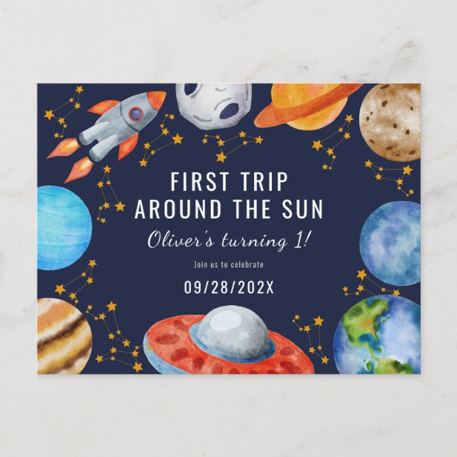 First Trip Around The Sun 1st Birthday Invitation Postcard (Front)