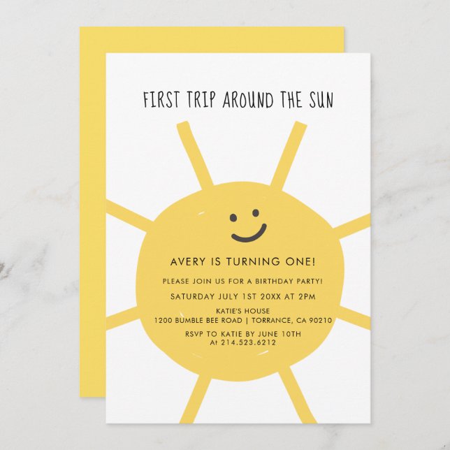 First Trip Around The Sun 1st Birthday Party Invit Invitation (Front/Back)
