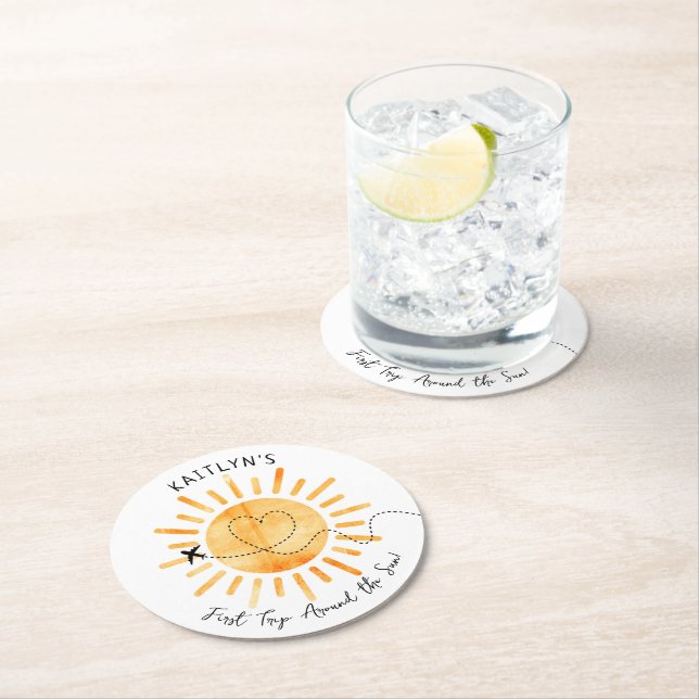First Trip Around The Sun 1st Birthday Round Paper Coaster (Insitu)