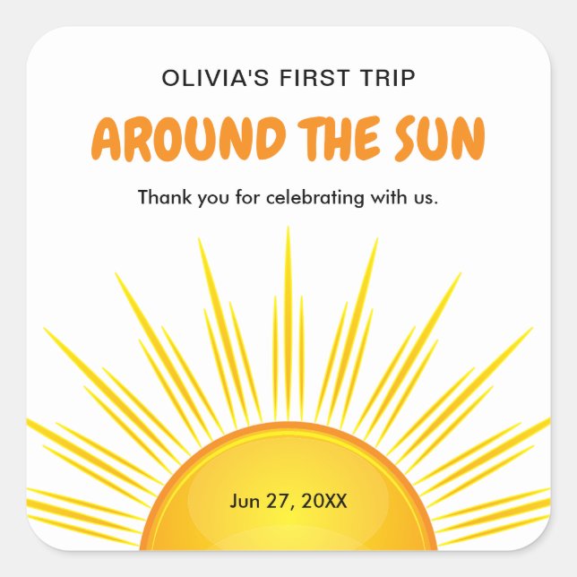 First Trip Around the Sun 1st Birthday Thank You  Square Sticker (Front)
