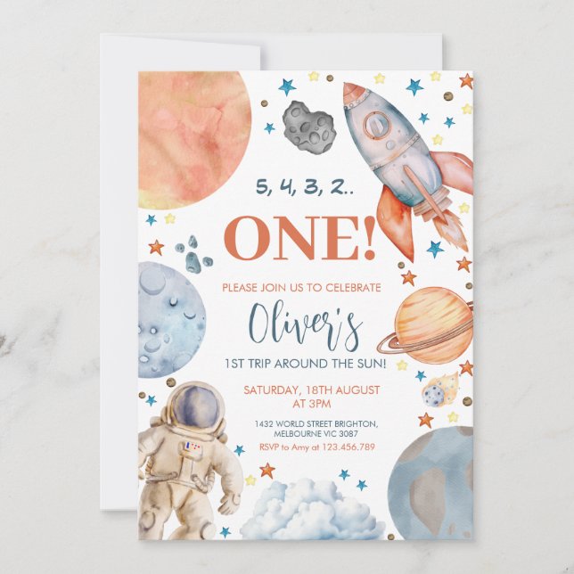 First Trip Around the Sun Astronaut Birthday Party Invitation (Front)