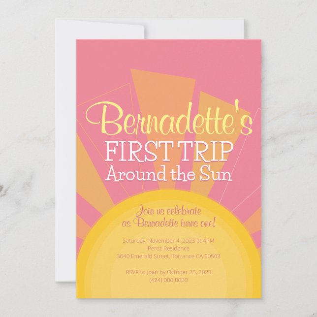 First Trip Around the Sun Birthday Party Cute Pink Invitation (Front)