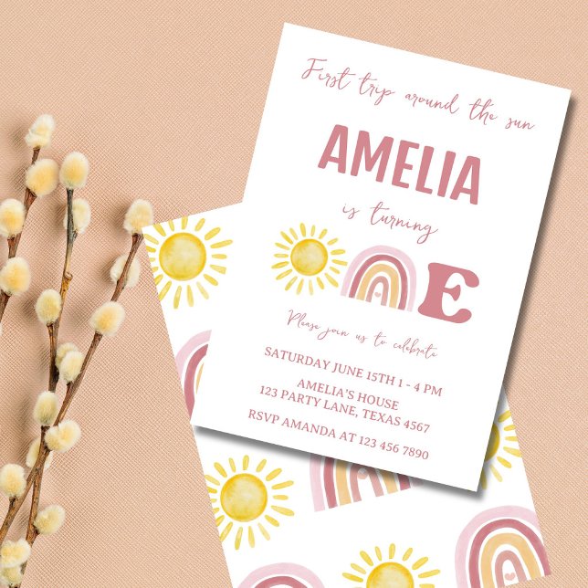 First Trip Around the Sun Boho 1st Birthday  Invitation (Boho first trip around the sun birthday invitation with pastel sun and rainbow design)