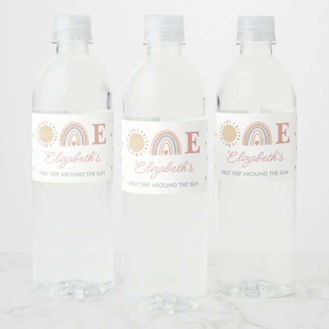 First Trip Around the Sun Boho 1st Birthday Water Bottle Label (Bottles)