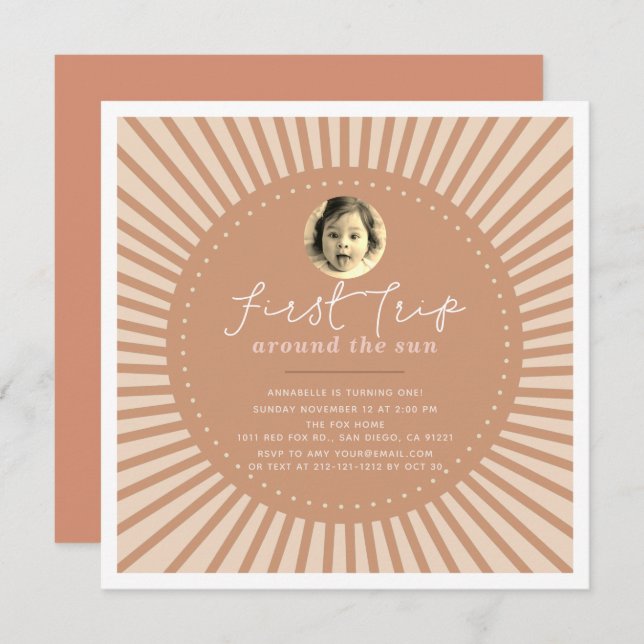 First Trip Around The Sun Boho Photo 1st Birthday Invitation (Front/Back)