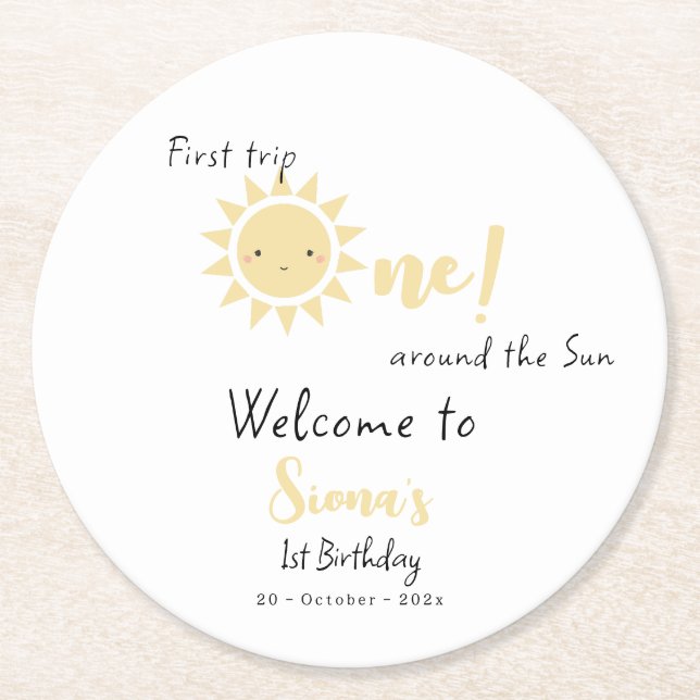 First Trip Around The Sun Cute 1st Birthday Round Paper Coaster (Front)