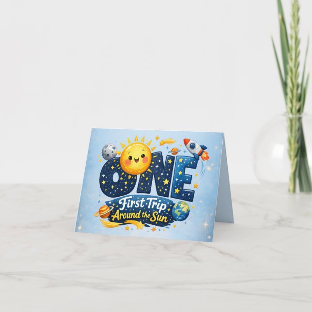 First Trip Around the Sun First Birthday Thank You Card (Front)