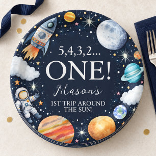 First Trip Around the Sun Navy Space Birthday Paper Plate