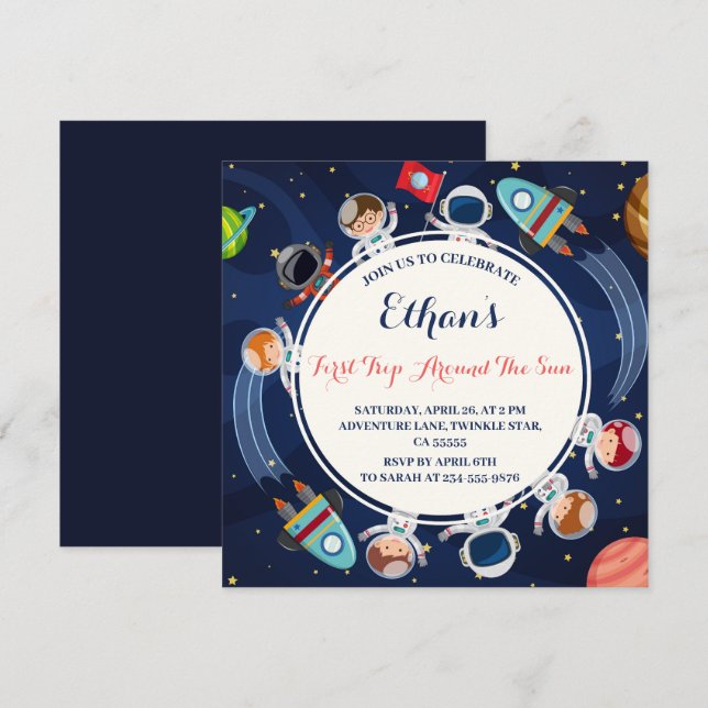 First Trip Around the Sun Outer Space 1st Birthday Invitation (Front/Back)